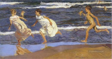  running Oil Painting - running along the beach 1908